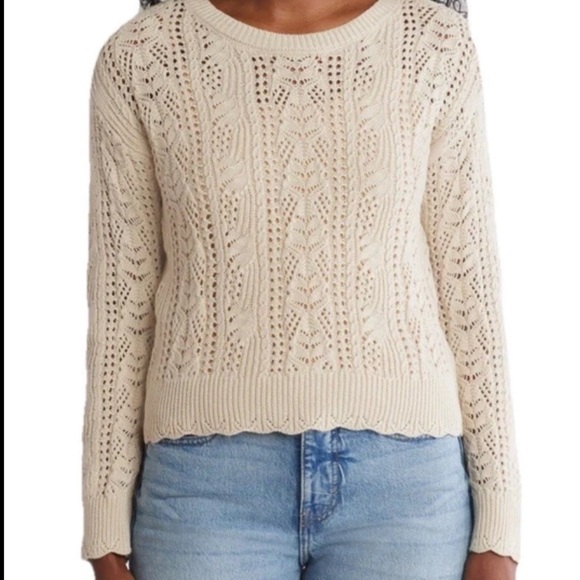 Lucky Brand Women Cotton Open-Stitch Pointelle Pullover Sweater Oat Size Medium - Picture 1 of 14